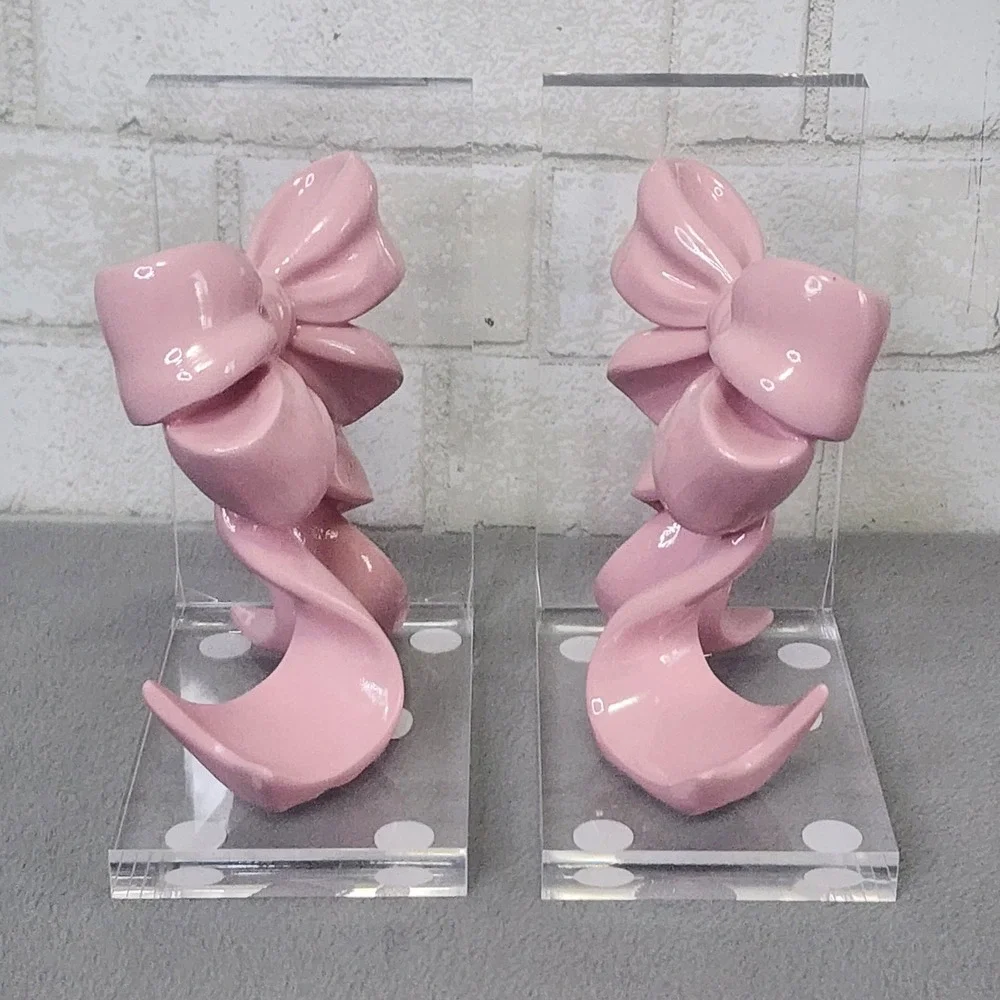 Pink Bow Bookends Coquette Bookend Acrylic Resin Girly Office Nursery 2 Pc Clear